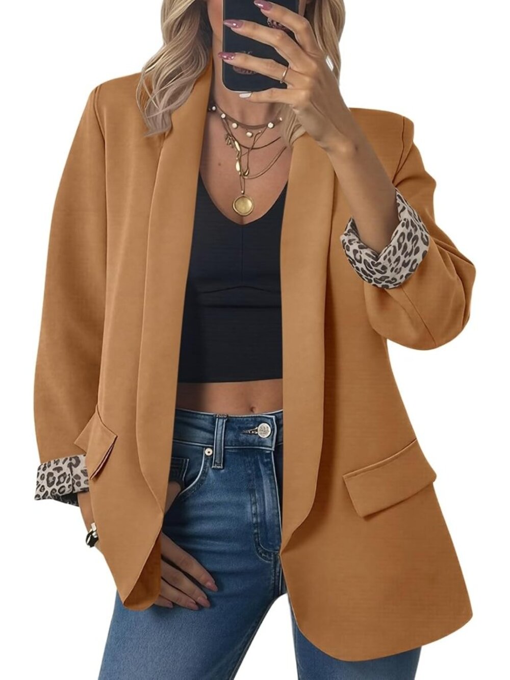 Women's Dark Khaki Oversized Open Front Shawl Collar Leopard Cuff Suit Jacket